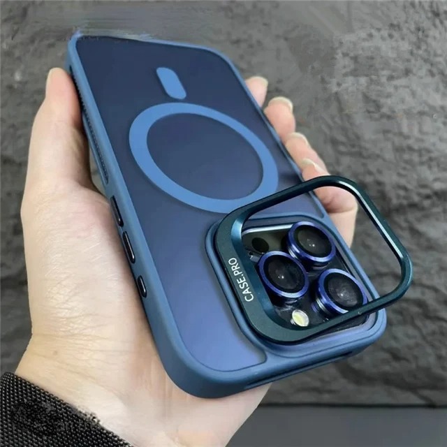 Luxury Matte MagSafe iPhone Case with Lens Stand – Magnetic Protective Cover for iPhone 11/12/13/14/15 Pro Max, 16 Plus & 17 Air