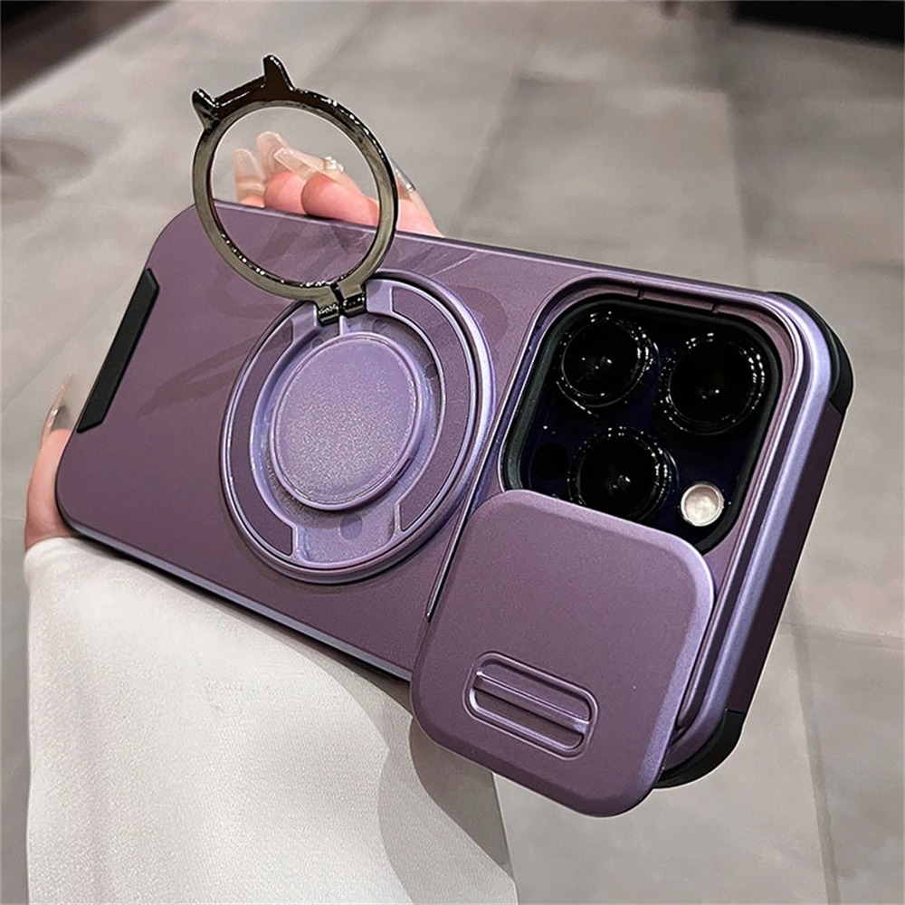 Luxury Magnetic iPhone Case with Slide Camera Lens Cover & Ring Holder