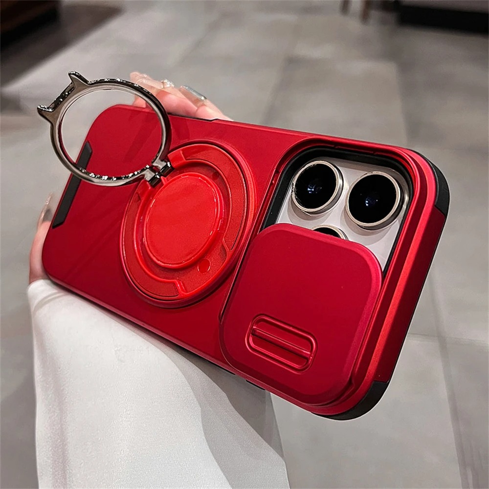 Luxury Magnetic iPhone Case with Slide Camera Lens Cover & Ring Holder
