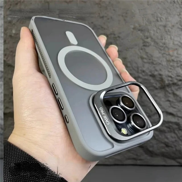 Luxury Matte MagSafe iPhone Case with Lens Stand – Magnetic Protective Cover for iPhone 11/12/13/14/15 Pro Max, 16 Plus & 17 Air