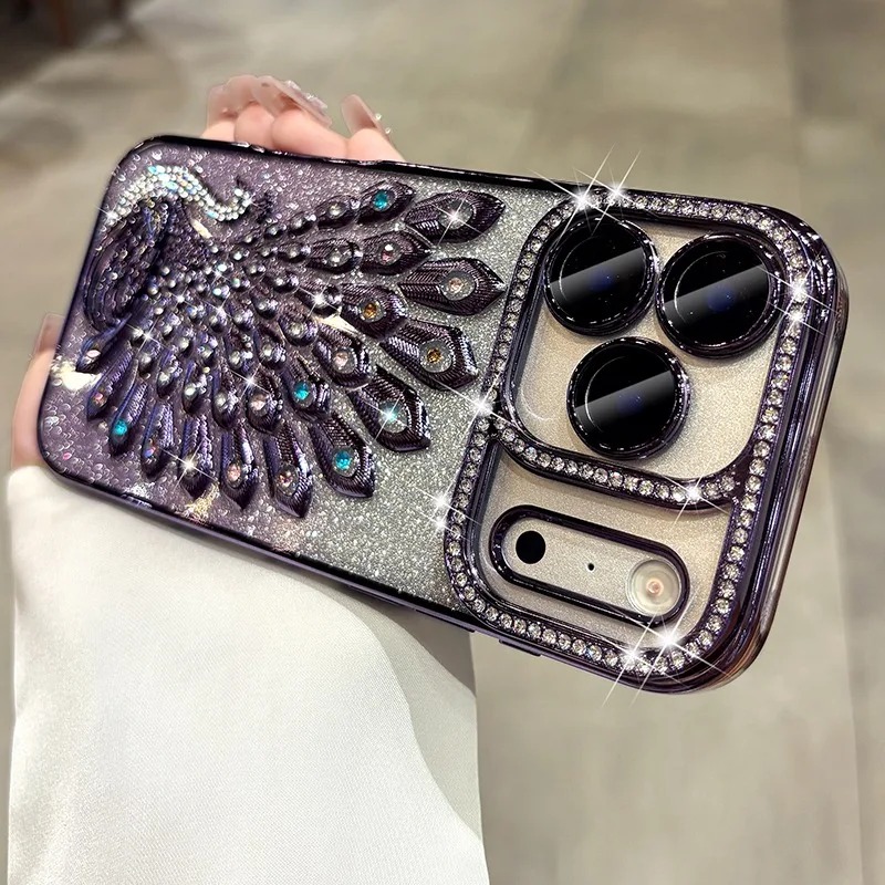 Luxury Peacock Glitter Diamond Case for iPhone 17/16/15/14/13 Pro Max