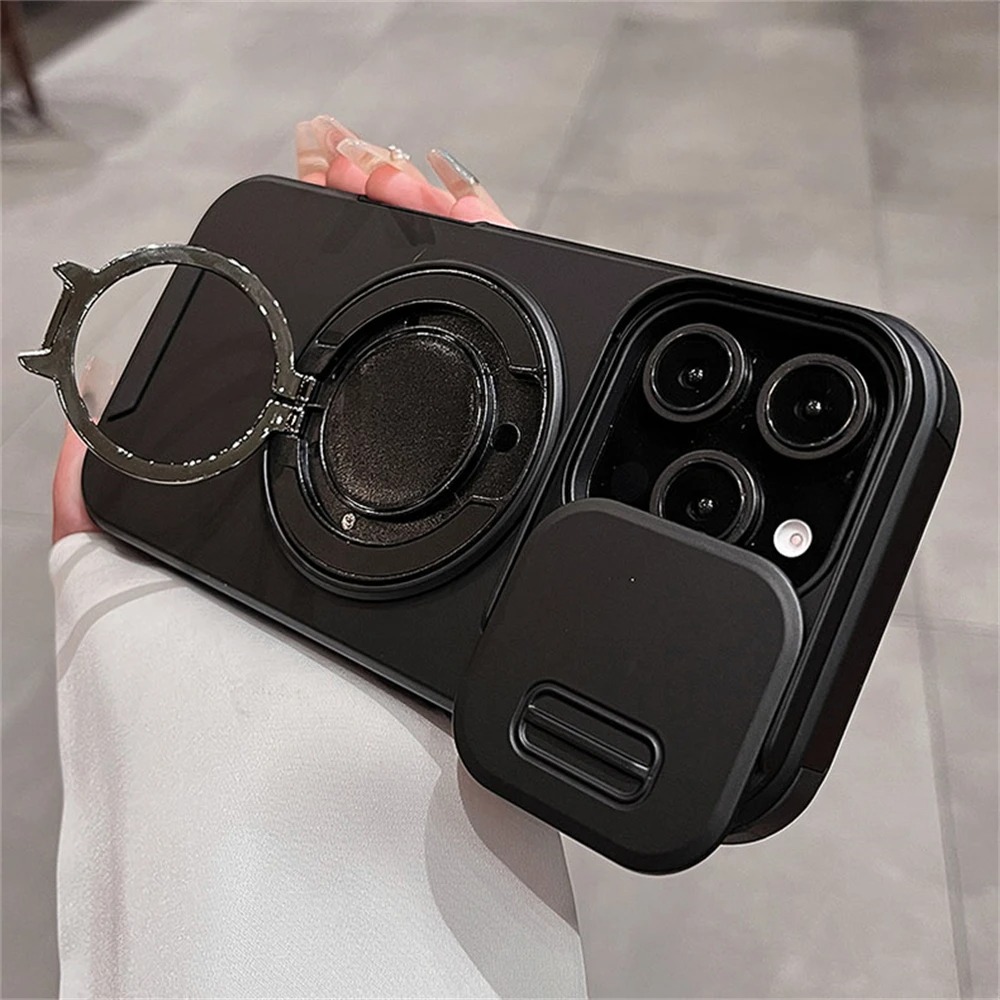 Luxury Magnetic iPhone Case with Slide Camera Lens Cover & Ring Holder