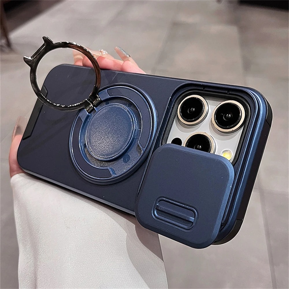 Luxury Magnetic iPhone Case with Slide Camera Lens Cover & Ring Holder