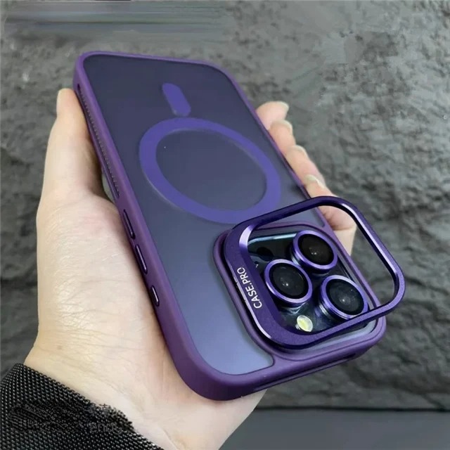 Luxury Matte MagSafe iPhone Case with Lens Stand – Magnetic Protective Cover for iPhone 11/12/13/14/15 Pro Max, 16 Plus & 17 Air