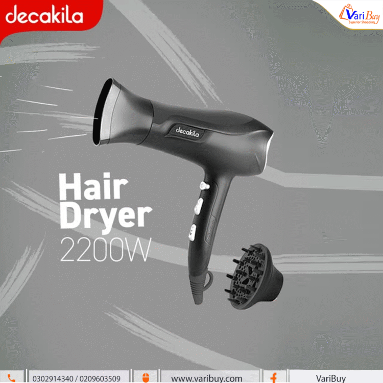 Decakila 2200W 2-Speed Hair Dryer| Cold Air Function, Honeycomb Air Intake Net, 3 Heat Settings [KEHS032B]