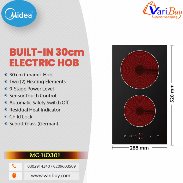 Midea 30cm 2 Burner Ceramic Electric Hob| Schott Glass Black Finish [MC-HD301]